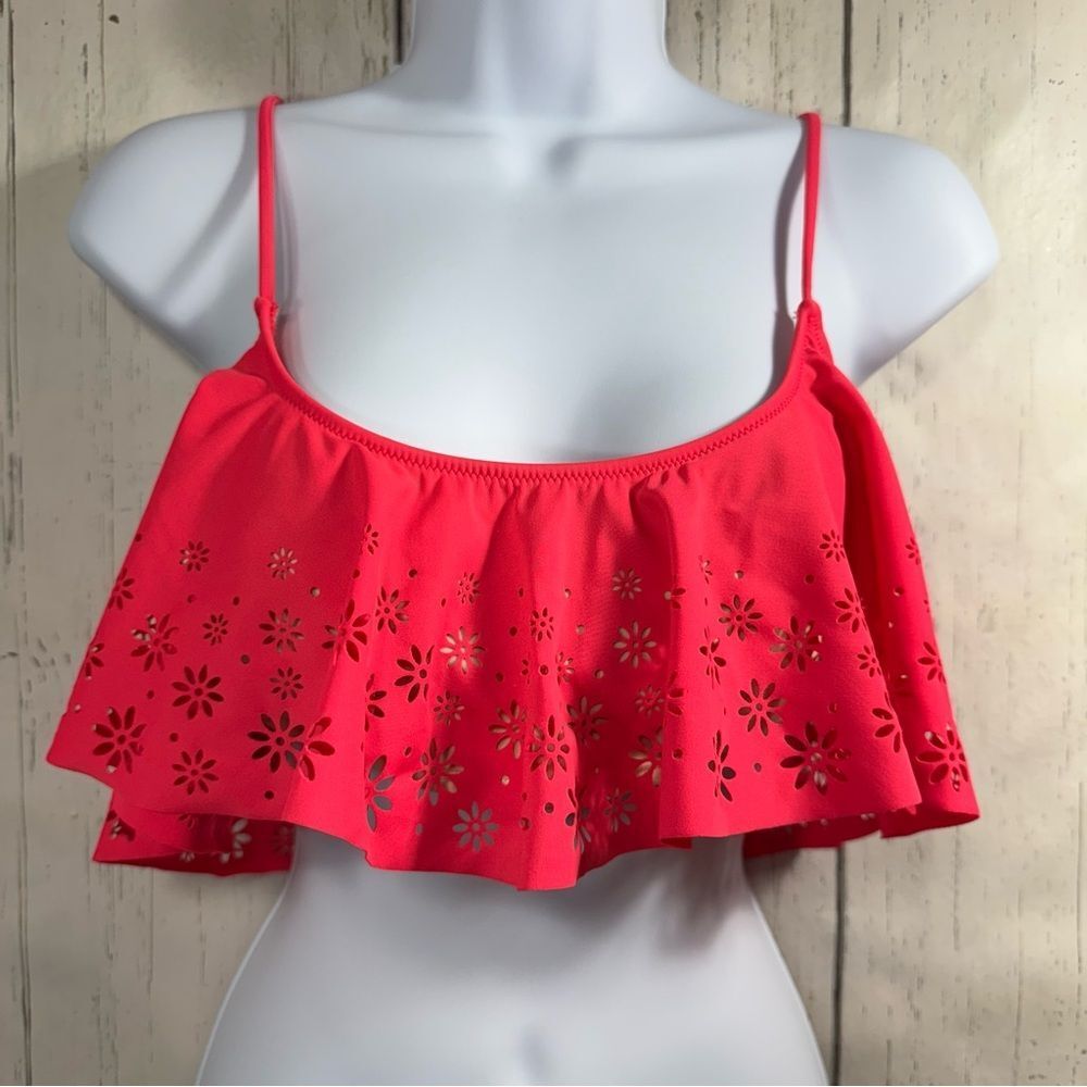 Pink Victorias Secret Womens Floral Cut Out Bikini Top Ruffle Overlay Hot Pink